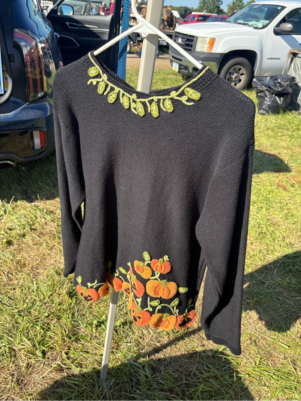 Karen Scott Black Crew Neck Sweater with Orange Pumpkin Embroidery